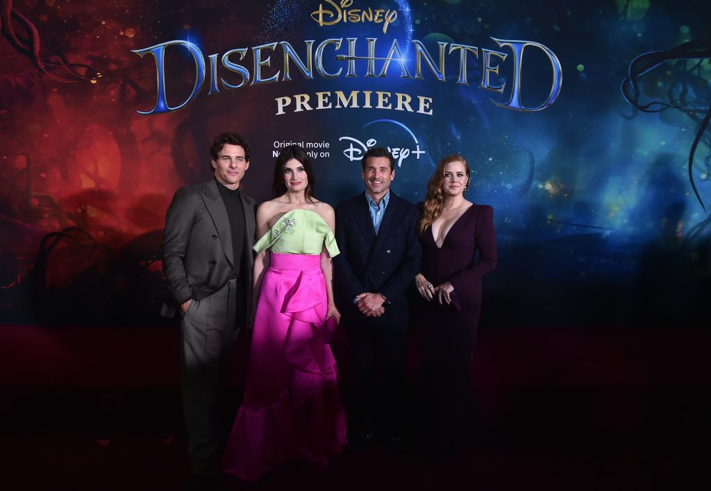 LOS ANGELES, CALIFORNIA - NOVEMBER 16: (L-R) James Marsden, Idina Menzel, Patrick Dempsey and Amy Adams arrive at the premiere of Disney’s “Disenchanted” at the El Capitan Theatre in Hollywood CA on November 16, 2022.  The film begins streaming only on Disney+ November 18, 2022. (Photo by Alberto E. Rodriguez/Getty Images for Disney)