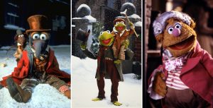 A triptych of images from The Muppet Christmas Carol: on the left, Gonzo as Charles Dickens is wearing an orange-ish top hat, plaid pants, and a red overcoat, and is sitting in the snow, with Rizzo the Rat (wearing a black top hat) looking over his left shoulder; in the middle, Kermit the Frog as Bob Cratchit is standing in the snow while wearing a gray overcoat and red plaid pants and holding a gray top hat in one hand, and holding Robin as Tiny Tim (wearing an orange hat and orange plaid pants and a coat) up on his right shoulder; on the right, Fozzie Bear as Fozziwig is wearing a white wig and a pink coat with a striped pink and white ascot.