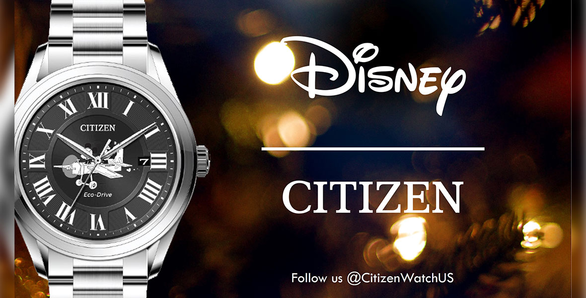 A silver Citizen watch next to the Disney | Citizen logo
