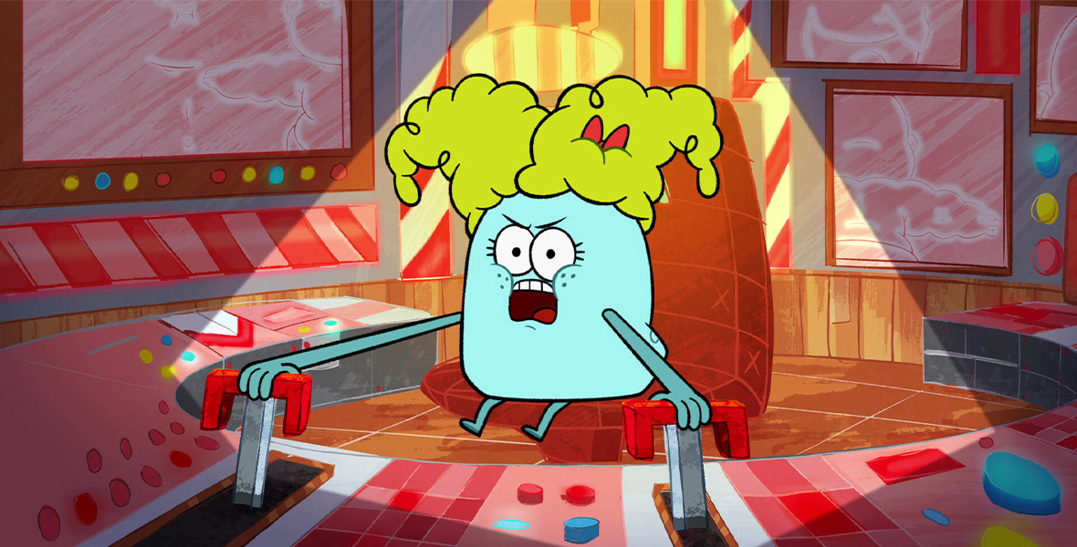 In a scene from Hulu Original series The Mighty Ones, Rocksy, a light blue, abstract character with green curly hair sits in a large red chair with both arms extended forward while grabbing red-handed levers. Rocksy is in a large control room with colorful round buttons, large rectangular screens, and red square buttons. A single, yellow spotlight shines on Rocksy.