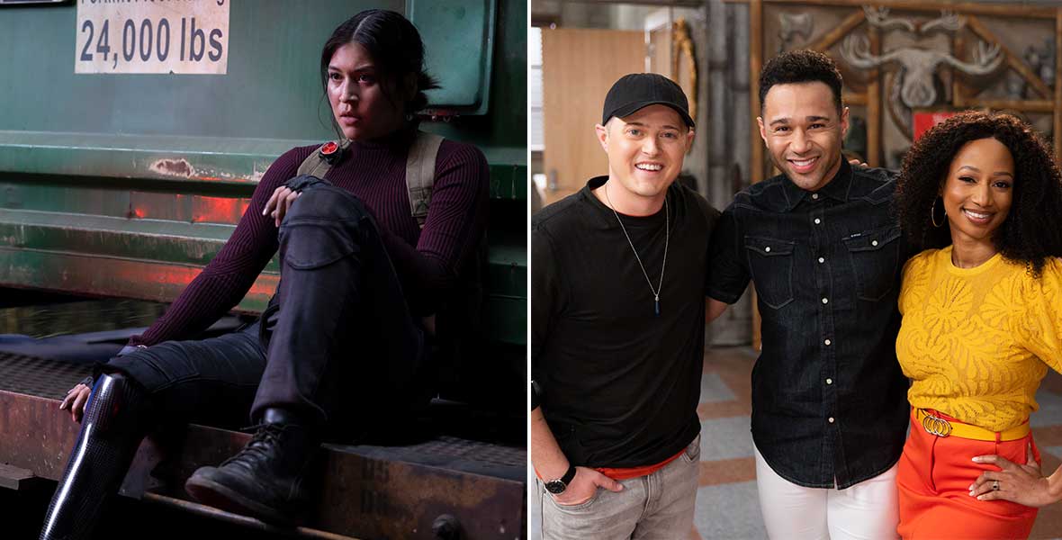 Promo images for Marvel Studios’ Echo, starring Alaqua Cox (seen leaning up against a forklift, wearing a purple turtleneck, black pants, and boots), and Disney+’s High School Musical: The Musical: The Series Season 4 (image featuring, left to right, Lucas Grabeel wearing a black top and baseball cap, Corbin Bleu wearing a black denim button-up, and Monique Coleman wearing a yellow top and orange skirt).
