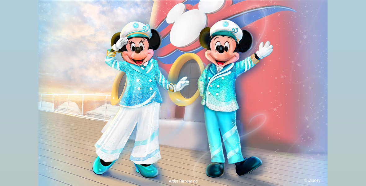 In a concept art image from Disney Cruise Line, Captain Minnie Mouse and Captain Mickey Mouse are seen in their new Silver Anniversary at Sea ensembles—Minnie (on left) in a turquoise jacket, white pants, and turquoise shoes (with a captain’s hat), and Mickey (on right) in a turquoise jacket and pants (with a captain’s hat). Part of a Disney Cruise Line ship, as well as some sky, is seen behind them.