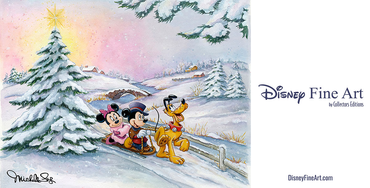 Art of Minnie and Mickey on a toboggan pulled by Pluto. They are sliding along a snowy landscape with a Christmas tree in the foreground. Beside the art is the logo for Disney Fine Art.