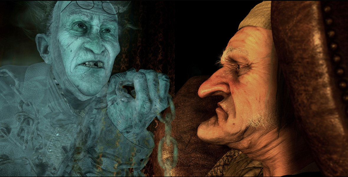 In a scene from Disney’s A Christmas Carol, actor Gary Oldman portrays Jacob Marley and appears in front of actor Jim Carrey as Ebenezer Scrooge—both computer-animated. Oldman holds large chains in his hands and has a pair of thin-framed glasses placed atop his head. Carrey wears a tan nightcap and matching tan pajamas.