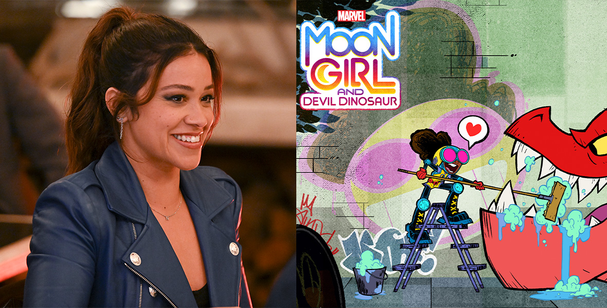 Promo images for ABC’s Not Dead Yet starring Gina Rodriguez (seen wearing a blue leather jacket and looking at someone off-camera to the right); and Marvel’s Moon Girl and Devil Dinosaur (the show logo is in the upper left of the image, and lead character Lunella—wearing large goggles, a yellow outfit, black boots, and red gloves—is using a broom to brush the teeth of Devil Dinosaur, a bright-red T-rex).