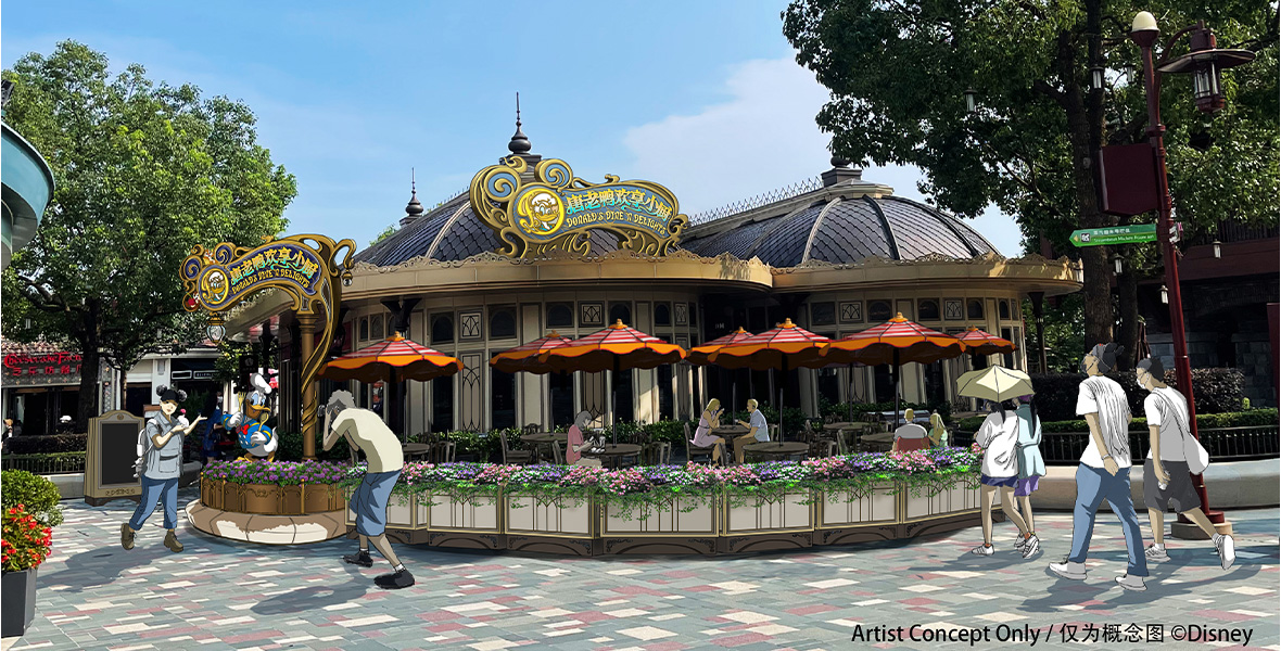 In concept art for Donald’s Dine ’n Delights at Shanghai Disney Resort’s Disneytown, guests are seen walking up to the outside of the restaurant, which has two dark-colored domes on top; tables with orange striped umbrellas out front on the patio. Two signs can be seen with Chinese characters as well as English lettering, spelling out “Donald’s Dine ’n Delights.” Several trees can be seen on either side of the restaurant, and flower boxes line the front of the restaurant’s patio area.