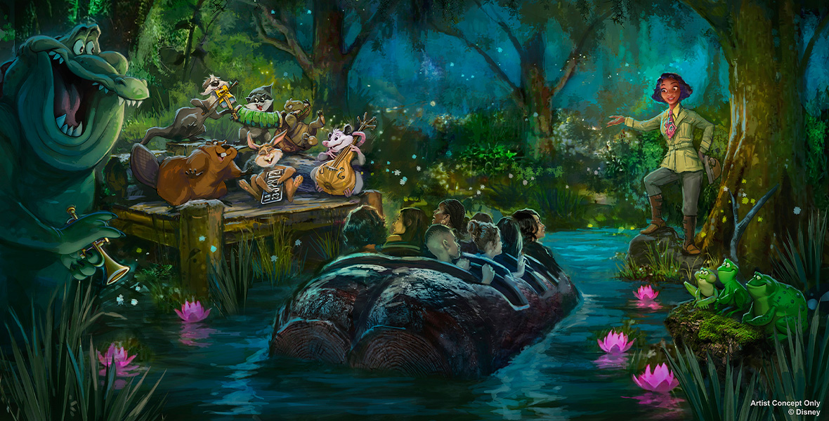 A concept art rendering of inside the new Tiana’s Bayou Adventure attraction at Disneyland and Walt Disney World Resorts. We’re in a bayou scene; Tiana is seen at right, dressed in a greenish jacket and dark pants. On the left is an animal band made up of an otter, rabbit, racoon, beaver, turtle, and more. Some frogs are seen on the lower right. Louis the alligator is seen to the band’s left. A ride vehicle of guests is floating through at center.