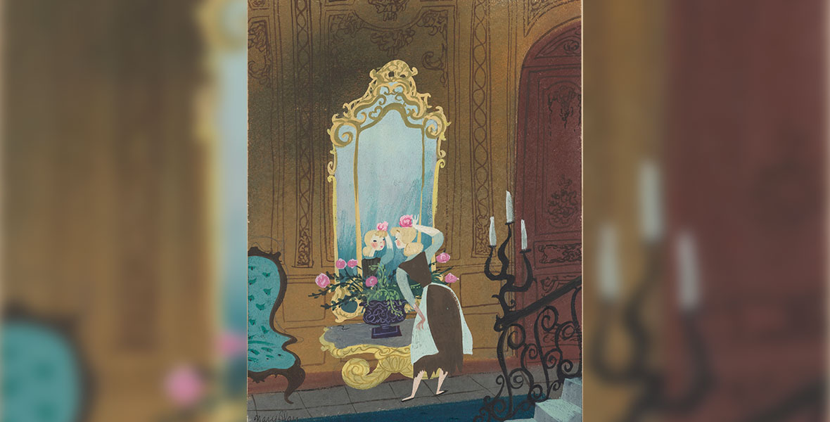 Cinderella in front of a mirror, concept art for Cinderella (1950) by Mary Blair, from the 1940s. Courtesy of the Walt Disney Animation Research Library. © Disney.