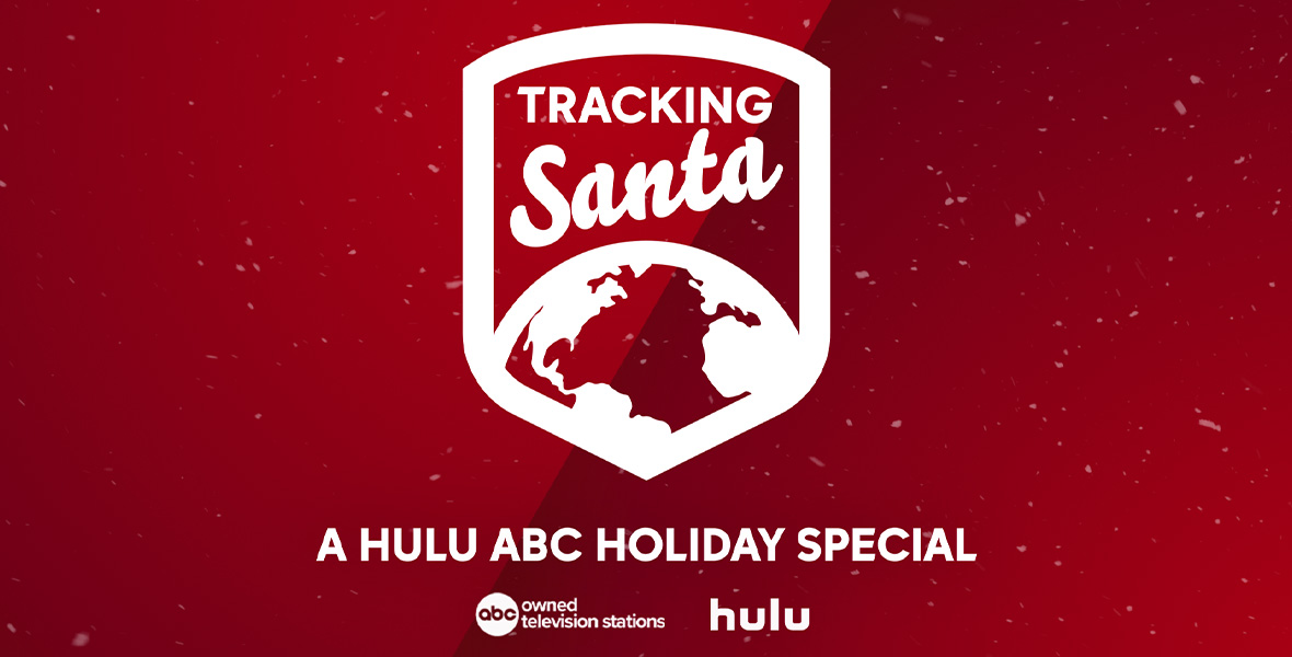The key art for the holiday special Tracking Santa from Hulu and ABC’s Owned Television Stations is a red background with white logos and text. Small snow flurries cascade down the graphic.