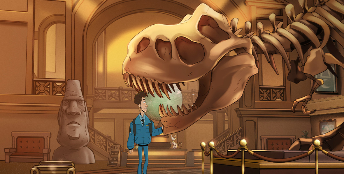 In a scene from the animated Disney+ Original film Night at the Museum: Kahmunrah Rises Again, high school student Nick Daley touches the skeleton of T-Rex in a museum that is roped off with gold barricades. Daley is dressed in an oversized blue jacket, blue pants, white sneakers, blue button-down shirt, and black tie. Behind him are a large statue sculpted to resemble a man’s face, benches, and a large green sphere.