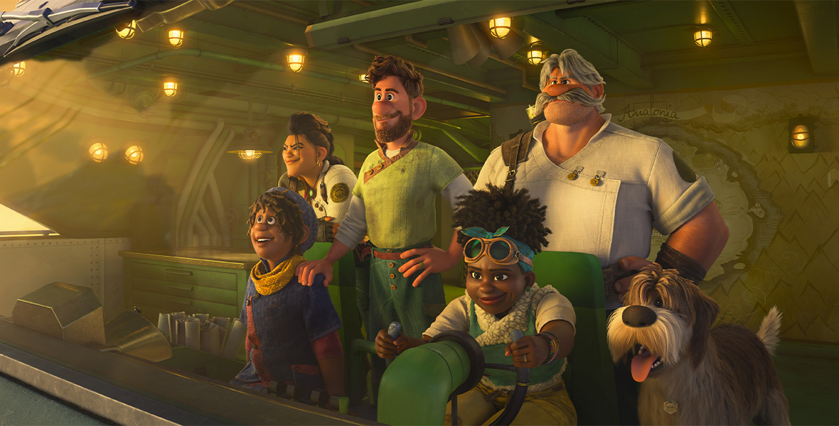 In a scene from Walt Disney Animation Studios’ Strange World, human characters Callisto Mal, Ethan Clade, Searcher Clade, Jaeger Clade, Meridian, and a gray and white shaggy dog named Legend huddle together in the cockpit of a space shuttle. Meridian steers the ship white the other characters look forward.