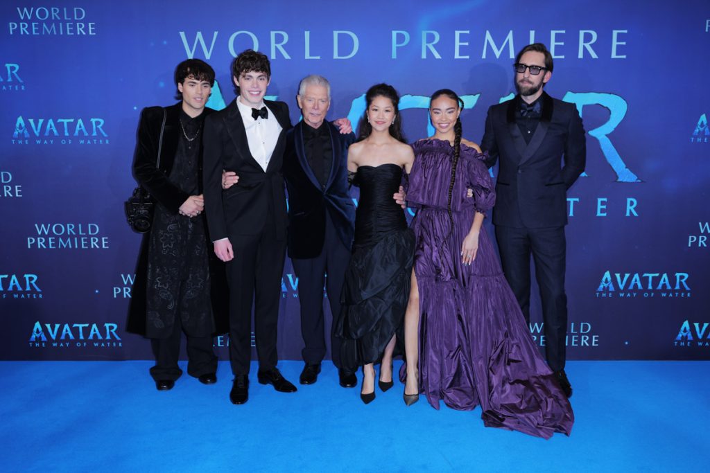 (L to R)Jamie Flatters, Jack Champion, Stephen Lang, Trinity Jo-Li Bliss, Bailey Bass and Joel David Moore attend the World Premiere of James Cameron's "Avatar: The Way of Water" at the Odeon Luxe Leicester Square on December 06, 2022 in London, England. (Photo by StillMoving.net for Disney)