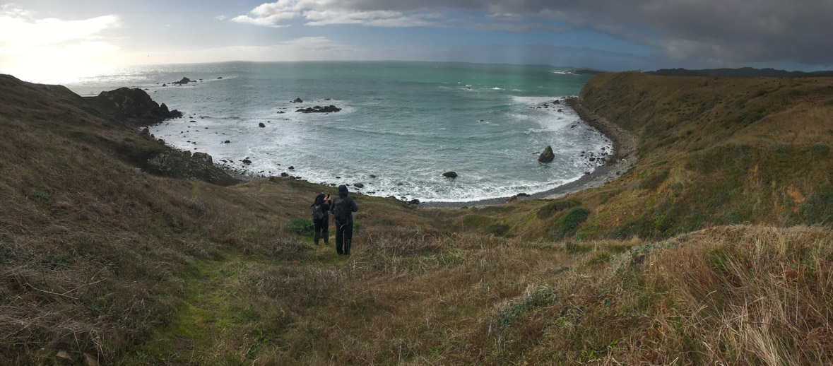 Two people survey the coastline at Fort Ross.