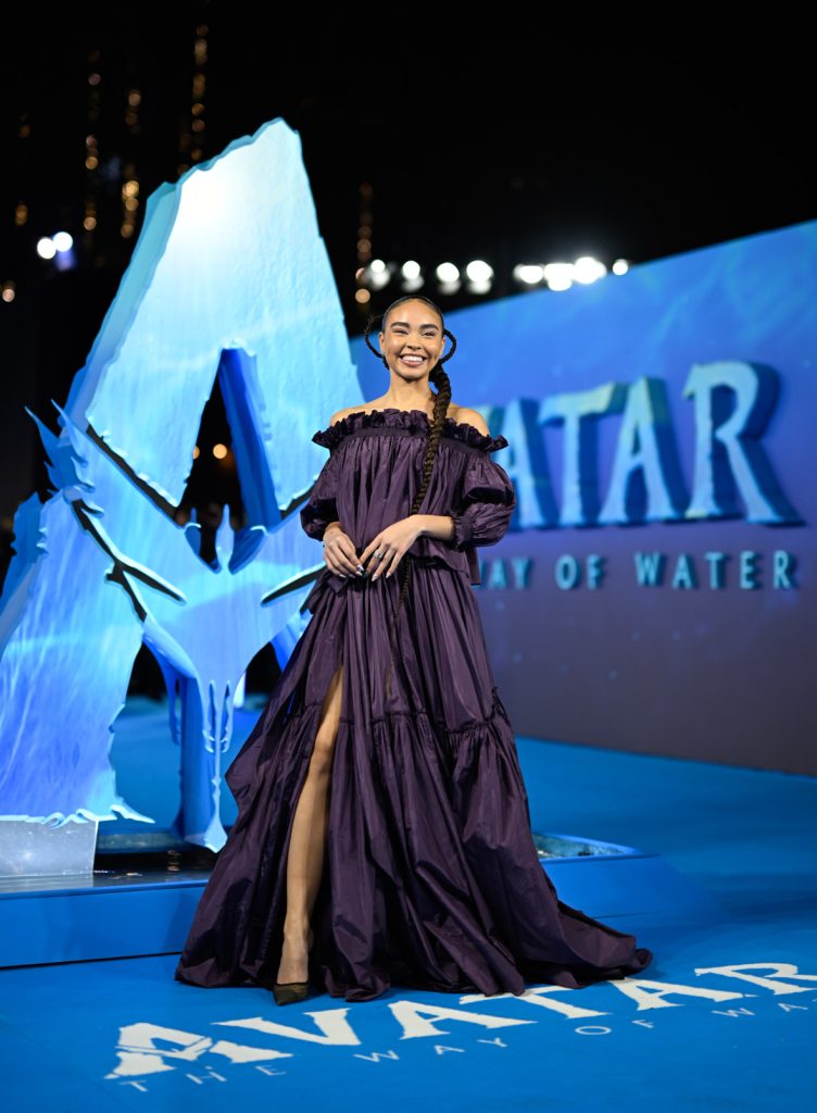 LONDON, ENGLAND - DECEMBER 06: Bailey Bass attends the world premiere of James Cameron's "Avatar: The Way of Water" at the Odeon Luxe Leicester Square on December 06, 2022 in London, England. (Photo by Gareth Cattermole/Getty Images for Disney)