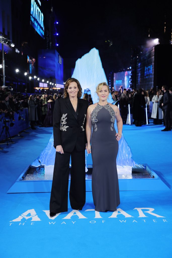 Sigourney Weaver and Kate Winslet attend the World Premiere of James Cameron's "Avatar: The Way of Water" at the Odeon Luxe Leicester Square on December 06, 2022 in London, England. (Photo by StillMoving.net for Disney)