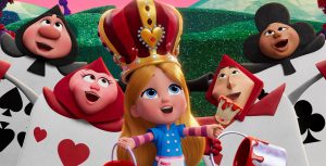 Alice is in the center of a garden, flanked by two black and red Card Guards on each side. Alice wears a blue jacket and a pink apron over a purple and pink striped long-sleeved shirt. Alice wears a tall gold crown with red and maroon fabric, adorned with diamonds, rubies, and red hearts. She holds a red paint bucket with a purple handle in her right hand and a paintbrush with red paint dripping off of it in her left.