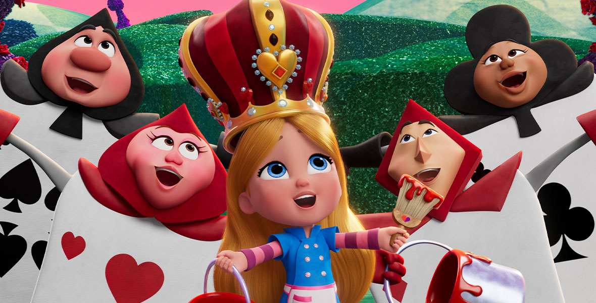 Alice is in the center of a garden, flanked by two black and red Card Guards on each side. Alice wears a blue jacket and a pink apron over a purple and pink striped long-sleeved shirt. Alice wears a tall gold crown with red and maroon fabric, adorned with diamonds, rubies, and red hearts. She holds a red paint bucket with a purple handle in her right hand and a paintbrush with red paint dripping off of it in her left.