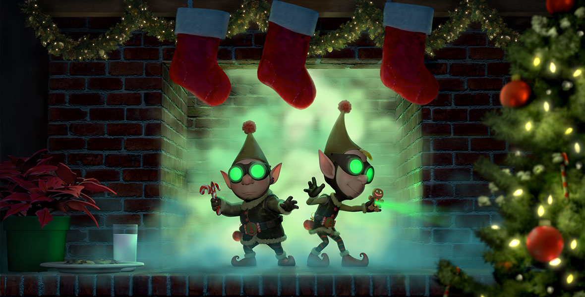 In a scene from the Walt Disney Animation Studios feature film Prep & Landing, elves Wayne and Lanny stand inside a brick fireplace with their arms extended outward and surrounded by a cloud of smoke. Wayne and Lanny both wear round goggles with neon green lenses over their eyes, a pointy green hat with red round balls on the end, a green coat with green fur around the collar and piping the edges, a pair of green leggings with red and green stripes, and shoes with curled toes. Above their heads hang three red Christmas stockings with white fur and a green garland with white lights. A poinsettia in a green pot is on the hearth next to a plate of cookies and a glass of milk. Opposite is a green Christmas tree decorated with white lights, red and white candy canes, and red Christmas ornaments.