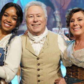 H.E.R., Alan Menken, and Paige O’Hara pose for a photo on the set of ABC’s Beauty and the Beast: A 30th Celebration.