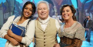 H.E.R., Alan Menken, and Paige O’Hara pose for a photo on the set of ABC’s Beauty and the Beast: A 30th Celebration.