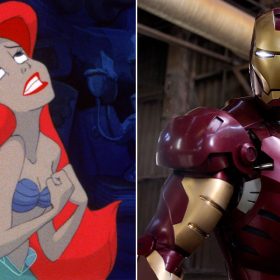 Left: Ariel appears in a scene from the 1989 animated Disney classic The Little Mermaid. Right: Iron Man (played by Robert Downey Jr.) appears in his full Iron Man suit in a scene from the original Iron Man film.