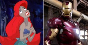 Left: Ariel appears in a scene from the 1989 animated Disney classic The Little Mermaid. Right: Iron Man (played by Robert Downey Jr.) appears in his full Iron Man suit in a scene from the original Iron Man film.