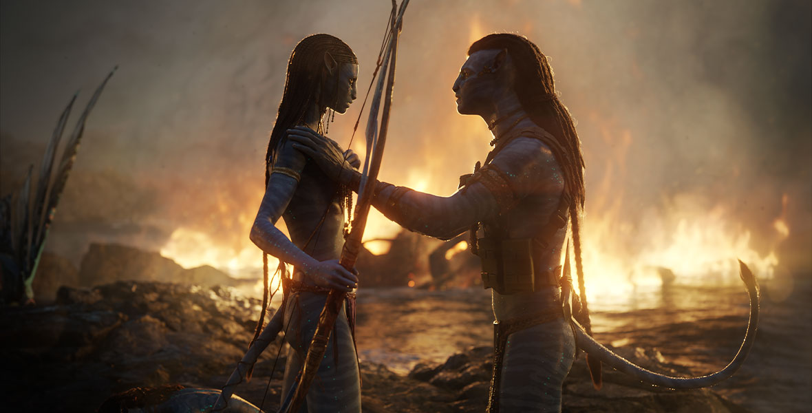 The blue-skinned, green-eyed Na’vi Neytiri holds a bow and arrow in her right arm. Her husband, Jake Sully, also a blue-skinned, green-eyed Na’vi, places his left hand on her shoulder. Behind them, fire burns among the debris of a destroyed ship.