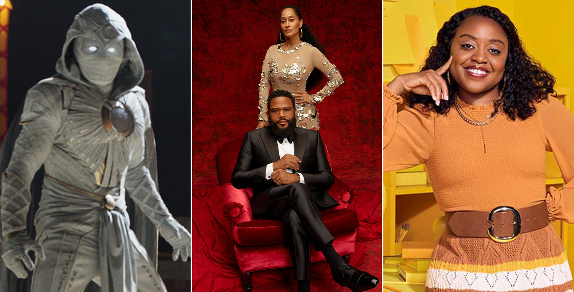 Production stills from Moon Knight (wearing his signature all-white mask, cape, and ensemble and is surrounded by bodies); black-ish, starring Disney Legends Anthony Anderson and Tracee Ellis Ross (Anderson is sitting, wearing a tux, while Ross is standing, wearing a gold beaded gown, and they’re seen against a red background); and Abbott Elementary, starring Quinta Brunson (wearing orange top and patterned skirt, against a bright yellow background).