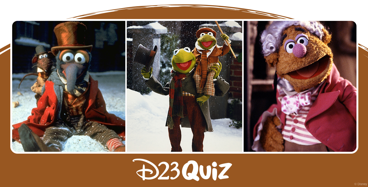 A triptych of images from The Muppet Christmas Carol: on the left, Gonzo as Charles Dickens is wearing an orange-ish top hat, plaid pants, and a red overcoat, and is sitting in the snow, with Rizzo the Rat (wearing a black top hat) looking over his left shoulder; in the middle, Kermit the Frog as Bob Cratchit is standing in the snow while wearing a gray overcoat and red plaid pants and holding a gray top hat in one hand, and holding Robin as Tiny Tim (wearing an orange hat and orange plaid pants and a coat) up on his right shoulder; on the right, Fozzie Bear as Fozziwig is wearing a white wig and a pink coat with a striped pink and white ascot.