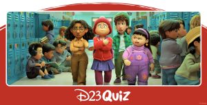 Mei-Mei and her friends walk down the school hallway in Turning Red. Mei is wearing a red sweater, a purple skirt, and purple leggings whole holding onto her books.