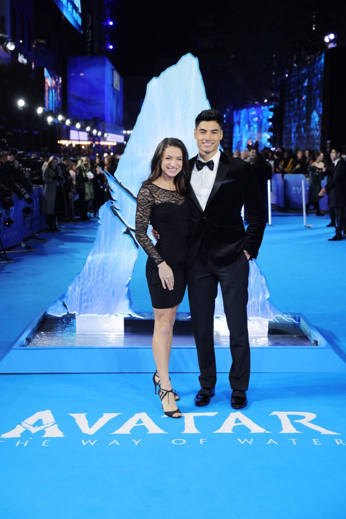 Guest Siva Kaneswaran (R) attends the World Premiere of James Cameron's "Avatar: The Way of Water" at the Odeon Luxe Leicester Square on December 06, 2022 in London, England. (Photo by StillMoving.net for Disney)