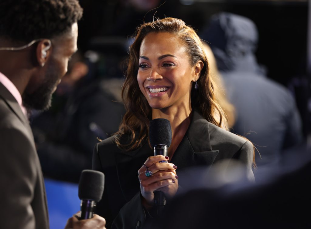Zoe Saldana attends the World Premiere of James Cameron's "Avatar: The Way of Water" at the Odeon Luxe Leicester Square on December 06, 2022 in London, England. (Photo by StillMoving.net for Disney)