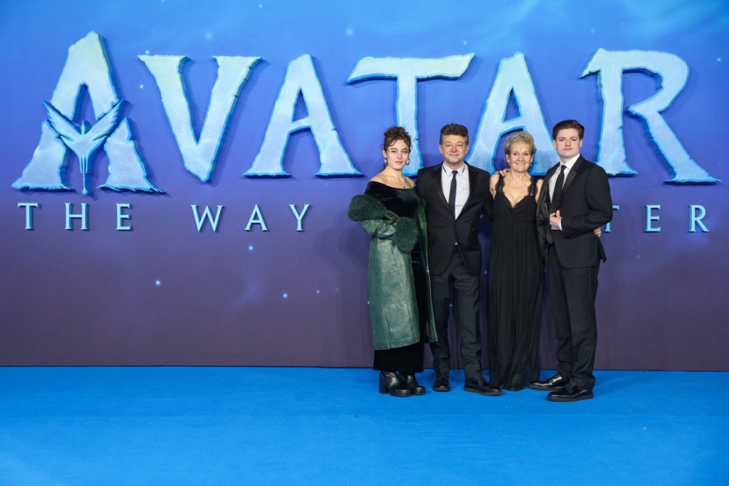 (L to R) Guests Ruby Ashbourne Serkis, Andy Serkis, Lorraine Ashbourne and Louis Serkis attend the World Premiere of James Cameron's "Avatar: The Way of Water" at the Odeon Luxe Leicester Square on December 06, 2022 in London, England. (Photo by StillMoving.net for Disney)