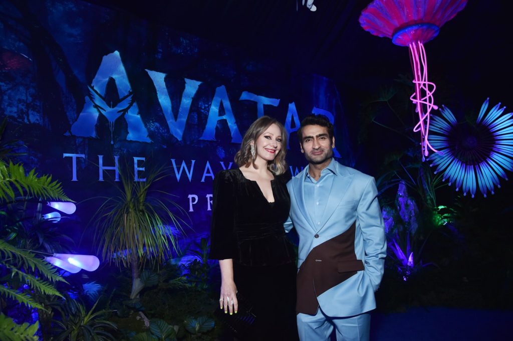 HOLLYWOOD, CALIFORNIA - DECEMBER 12: (L-R) Emily V. Gordon and Kumail Nanjiani attend the U.S. Premiere of 20th Century Studios' "Avatar:  The Way of Water" at the Dolby Theatre in Hollywood, California on December 12, 2022. (Photo by Alberto E. Rodriguez/Getty Images for 20th Century Studios)