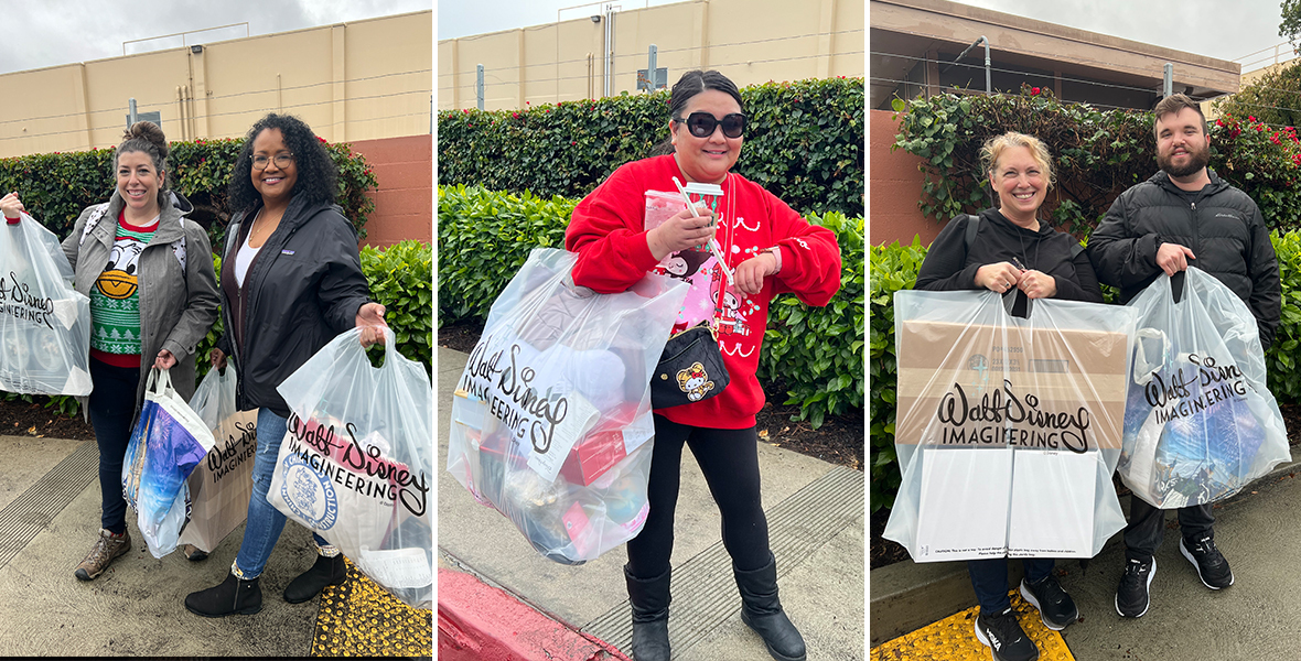 Triptych of photos featuring D23 Members at Mickey’s of Glendale with their shopping bags: The guest on the far left is wearing a green and red Donald Duck holiday sweater, grey jacket, jeans, and is holding a clear Walt Disney Imagineering shopping bag and a blue Disney Parks and Resorts shopping bag. The guest to their right is wearing a black rain jacket, jeans, and black boots; they are holding two clear Walt Disney Imagineering shopping bags. The guest in the middle is wearing a red holiday sweater, black pants, black boots, and a black Hello Kitty purse; they are holding a clear Walt Disney Imagineering shopping bag. The guest to the right is wearing a black sweater, jeans, and black shoes; they are holding a clear Walt Disney Imagineering shopping bag. The guest to the far right is wearing a black jacket, black pants, and black shoes, and is holding a clear Walt Disney Imagineering shopping bag.