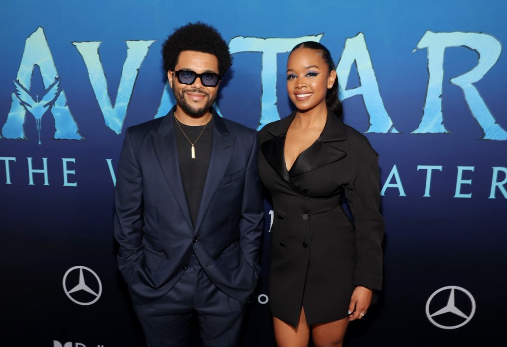 HOLLYWOOD, CALIFORNIA - DECEMBER 12: (L-R) The Weeknd and H.E.R. attend the U.S. Premiere of 20th Century Studios' "Avatar:  The Way of Water" at the Dolby Theatre in Hollywood, California on December 12, 2022. (Photo by Jesse Grant/Getty Images for 20th Century Studios)