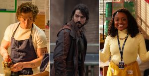 Jeremy Allen White wears a white T-shirt, exposing his tattooed arms, and a blue apron. His hair is messy and curly. White is putting kitchen utensils back into a jar., Diego Luna wears a black and brown trench coat and looks over his shoulder., Quinta Brunson smiles as she stands in a classroom. She wears a ribbed yellow turtleneck sweater, a gold skirt with a butterfly print, a rainbow beaded necklace, and a blue lanyard that contains her Willard Abbott Elementary school ID.
