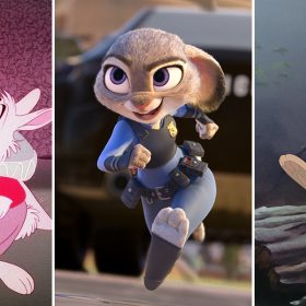 Three images of Disney rabbits are compiled together. On the left, the White Rabbit stands in front of the bushes wearing a white collar and shirt with a red heart while blowing a trumpet. Beside him is an action shot of Judy Hopps in her uniform, racing forward. To the right, Thumper sits smiling on a log in the forest with his right foot in the air.