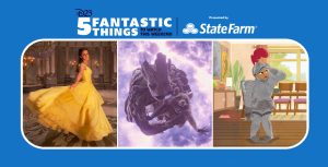In a promotional image for Beauty and the Beast, actor Emma Watson portrays Belle and spins in a large, empty ballroom decorated with white marble columns, gold leaf accents, and large crystal chandeliers. She wears a long, tiered, yellow ballgown and holds the right side of the dress as she twirls. IMAGE 00B Alt Text: In a scene from Marvel Studios’ Guardians of the Galaxy, Groot, a large, tree-like creature, holds Rocket, a small raccoon, as the two fly through space. IMAGE 00C Alt Text: In a scene from animated series The Proud Family: Louder and Prouder, Penny Proud frowns and looks at her father Oscar Proud. She wears a metal suit of armor and a helmet with a red feather.