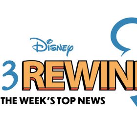 The logo for Disney D23 Rewind; the words “Disney D23 Rewind” are seen in a combination of blue, orange, and red, with a silhouette of Mickey Mouse seen around “Rewind” on the right. Under “Disney D23 Rewind,” it says “The Week’s Top News” in black. All text is set against a white background.