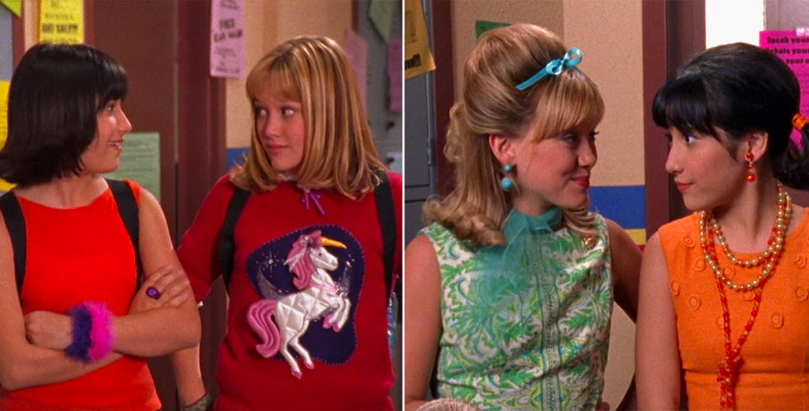 Miranda and Lizzie standing side-by-side in a middle school hallway. Miranda has short brown hair and is wearing a bright orange sleeveless top and fuzzy bracelets. Lizzie has blonde hair and bangs and is wearing a bright red sweater with a quilted unicorn on it. ; Lizzie and Miranda in the school hallway, looking at each other. They are both dressed in vintage 1960s outfits. Lizzie has her hair half up in a bouffant and is wearing a patterned blue and green top with matching blue accessories. Miranda is wearing a bright orange dress with lots of gold and red beaded necklaces.