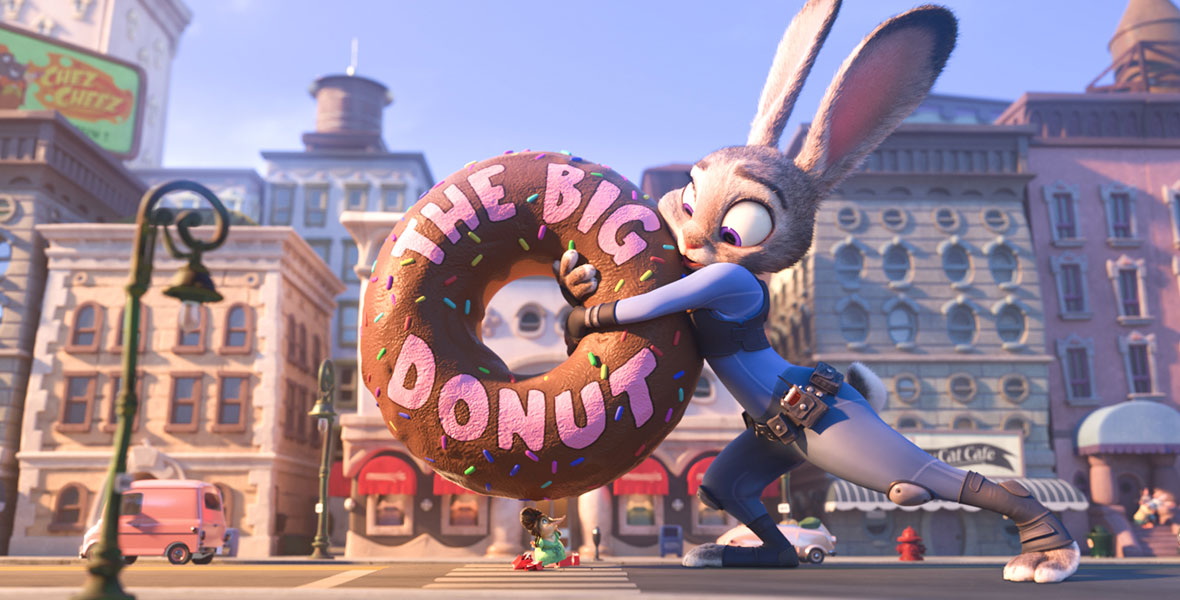 In Zootopia’s Little Rodentia, Judy Hopps holds a giant donut just above Fru-Fru, a small Arctic shrew, keeping it from falling on top of her.