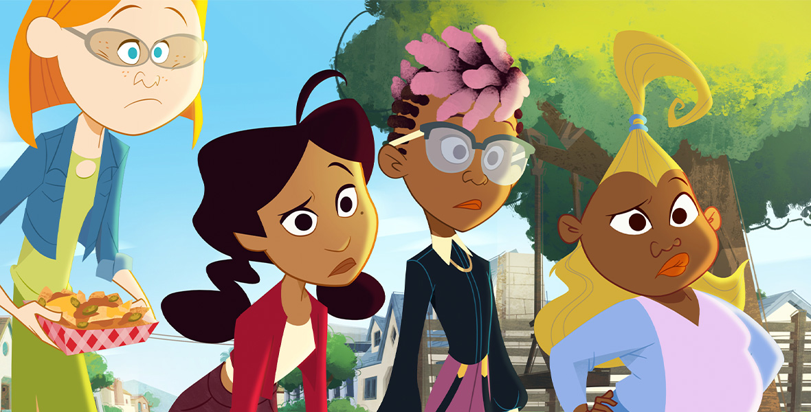 In a scene from animated series The Proud Family: Louder and Prouder, four teenagers stand side by side: Zoey, Penny, Michael, and Dijonay. Zoey wears eyeglasses, a blue jacket, and a green dress and holds a tray of nachos. Penny wears a white tank top, a maroon sweater, and a maroon skirt. Michael wears eyeglasses, black suspenders, a black and white long-sleeved blouse, and a pair of purple pants. Dijonay wears a lavender blouse, a light blue sweater, and a blue skirt.