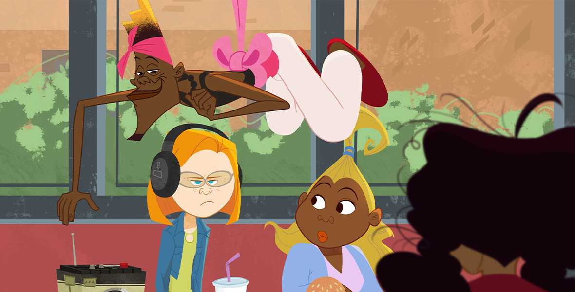 In a scene from animated series The Proud Family: Louder and Prouder, teen girls Zoey, Dijonay, and Penny sit at a cafeteria table. Uncle Bobby, a middle-aged man, hangs from the ceiling above and reaches for a speaker on the table.