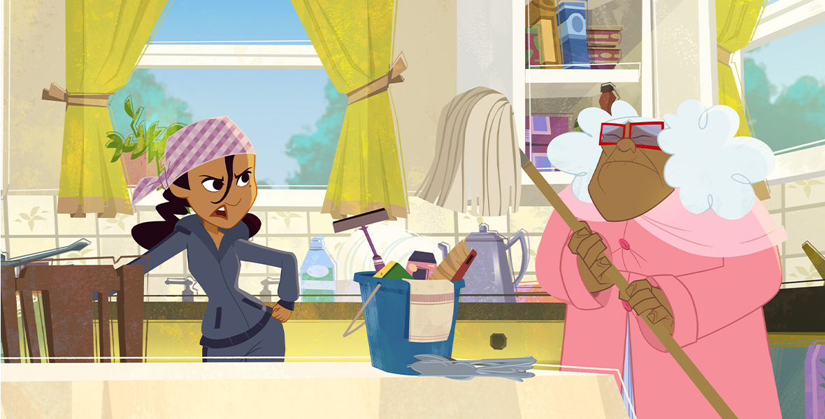 In a scene from The Proud Family: Louder and Prouder, Penny, a teenage girl, and Suga Mama, an elderly woman, stand in a kitchen. Penny wears a matching gray sweatshirt and sweatpants and a purple plaid bandana on her head. Suga Mama wears red square-framed glasses and a matching pink dress and overcoat. Suga Mama holds a mop upside-down in her hands. A bucket filled with cleaning supplies sits on the countertop.