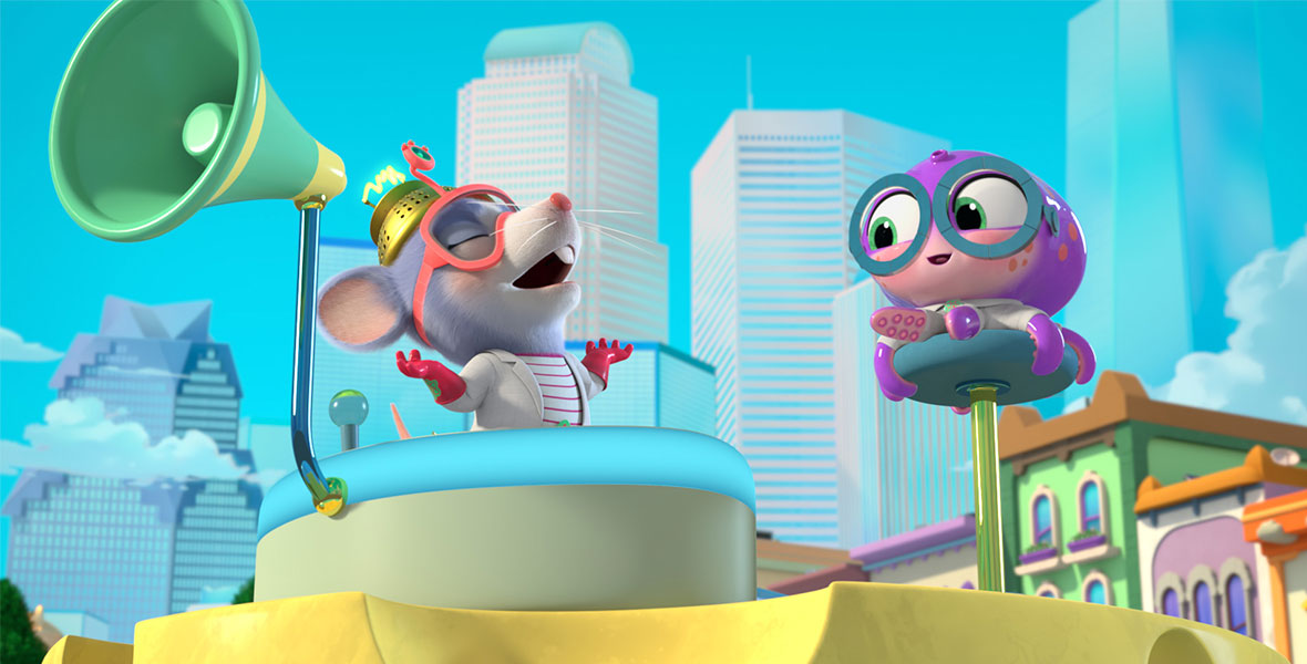 In a scene from animated series SuperKitties, a rat pops out of a large contraption and laughs. It wears a red and white striped shirt and a white lab coat and a pair of goggles. Next to the rat a purple octopus wears a pair of large blue goggles and a white lab coat and sits on a blue platform.