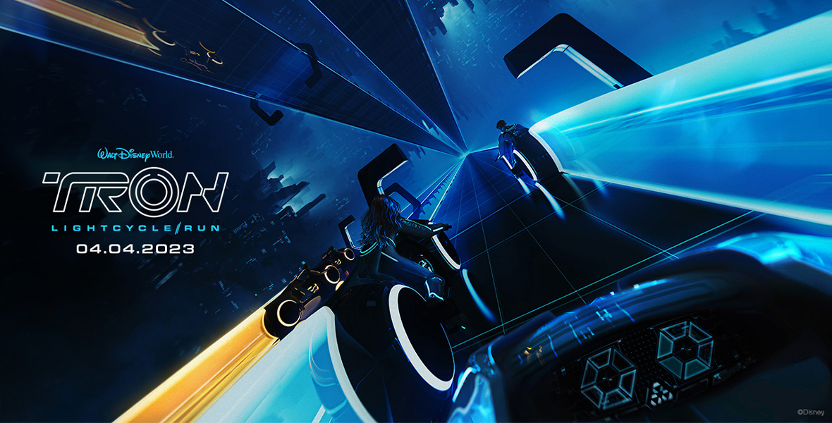 Promotional graphic for TRON LightCycle / Run at Walt Disney World. It features four guests on lightcycle bikes, two orange and two blue, racing along the futuristic Grid from the TRON franchise. On the left side of the image is the Walt Disney World logo in bright blue. Underneath is the TRON logo in white and the attraction’s opening date, 04.04.2023.