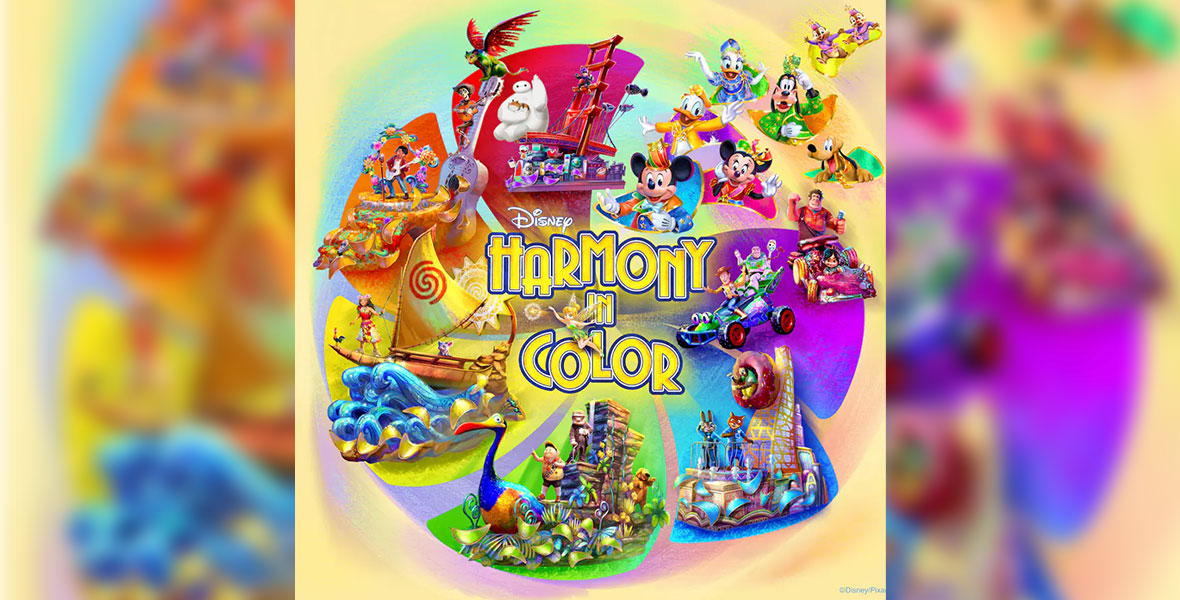A graphic for the upcoming 40th anniversary parade Disney Harmony in Color at Tokyo Disney Resort. Against a yellow and rainbow swirled background, and around the parade’s logo (which features Tinker Bell), clockwise from the top are seen myriad Disney characters—including Mickey Mouse and Minnie Mouse; Woody and Buzz from Toy Story; Ralph and Vanellope from Wreck-It Ralph; Judy and Nick from Zootopia; Russell and Carl from Up; Moana and Pua from Moana; Miguel and Hector from Coco; and Baymax from Big Hero 6.