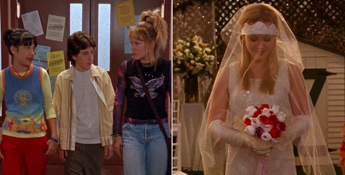 Miranda, Gordo, and Lizzie are walking down the school hallway in a row, chatting. Miranda is wearing a graphic tank over a yellow long-sleeved top, with red pants. Gordo is wearing khakis and a yellow button up shirt over a white tee. Lizzie is dressed in her goth outfit of baggy jeans, mesh sleeves, a metal studded graphic tee, and messy ponytail.; Lizzie walks down the aisle in her backyard, looking down at the bouquet made of red and white roses in her hands. She is wearing a straight-hemmed, beaded dress with elbow-length satin gloves and a matching headband. Her blonde hair is longer in this photo, extending well past her shoulders. 