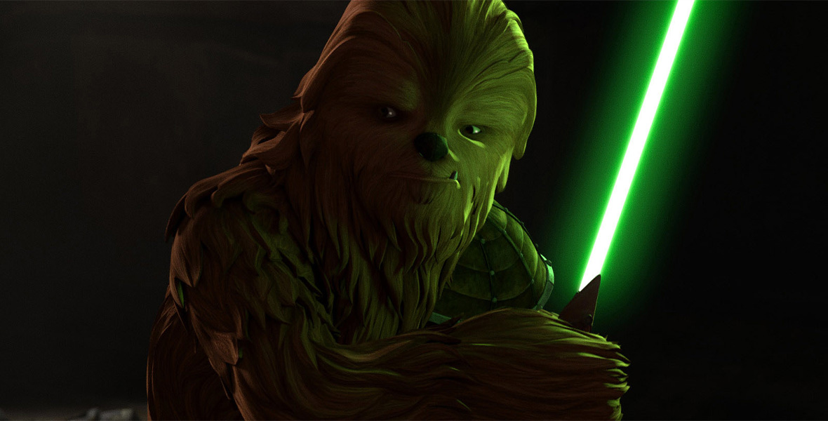 In a scene from Star Wars: The Bad Batch, an animated depiction of Chewbacca holds a green lightsaber in darkness.